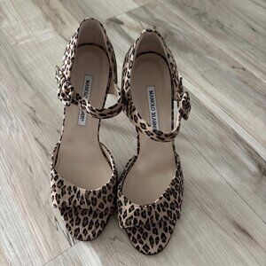 manolo blahnik Leopard Print Heel Peep Toe Calf Hair
